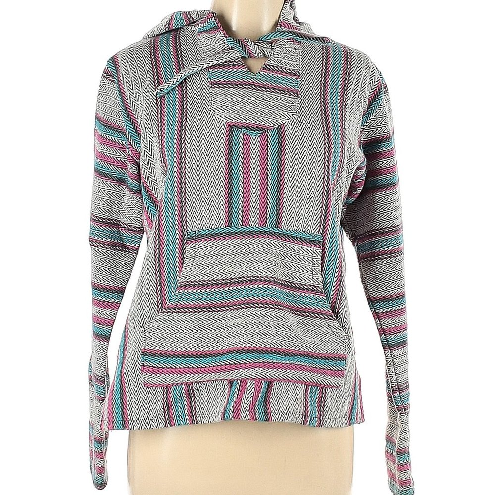 Original Senor Lopez Mexico Made S Boho Pink Blue Stripe Hooded Poncho Pullover